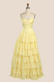 Yellow Corset Chiffon Tiered Formal Gown