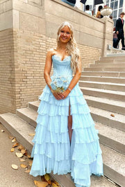 Pink Corset Chiffon Tiered Formal Gown