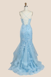 Light Blue Appliques Mermaid Long Formal Dress