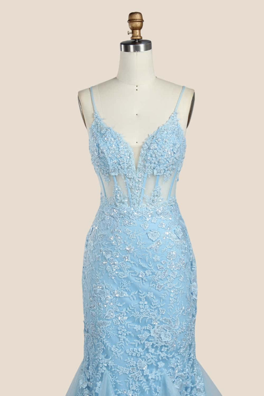 Light Blue Appliques Mermaid Long Formal Dress