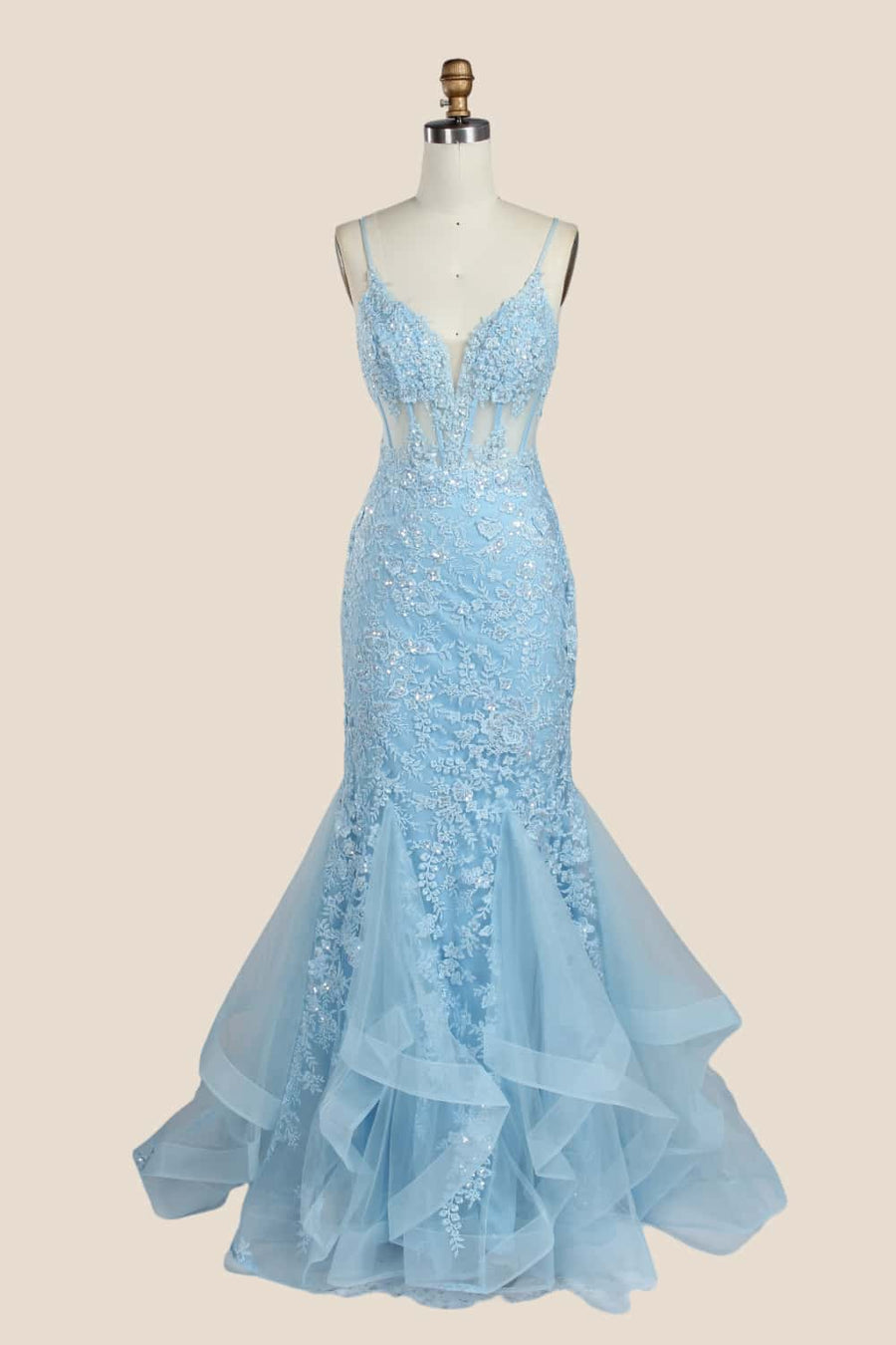 Light Blue Appliques Mermaid Long Formal Dress