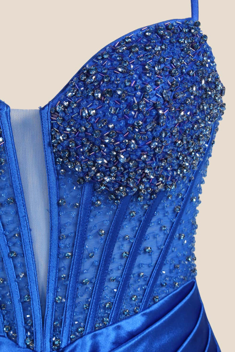 Royal Blue Beaded Ruched Satin Formal Dress