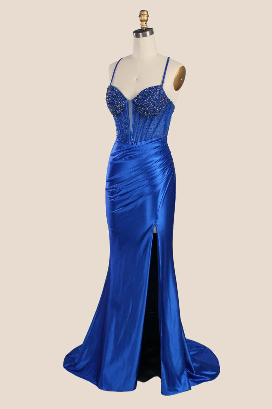 Royal Blue Beaded Ruched Satin Formal Dress