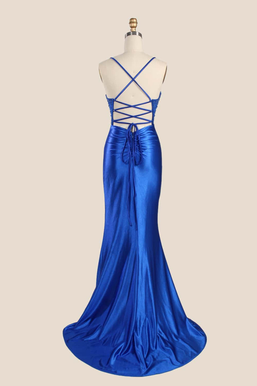 Royal Blue Beaded Ruched Satin Formal Dress