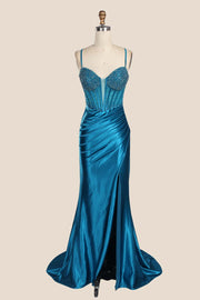 Royal Blue Beaded Ruched Satin Formal Dress