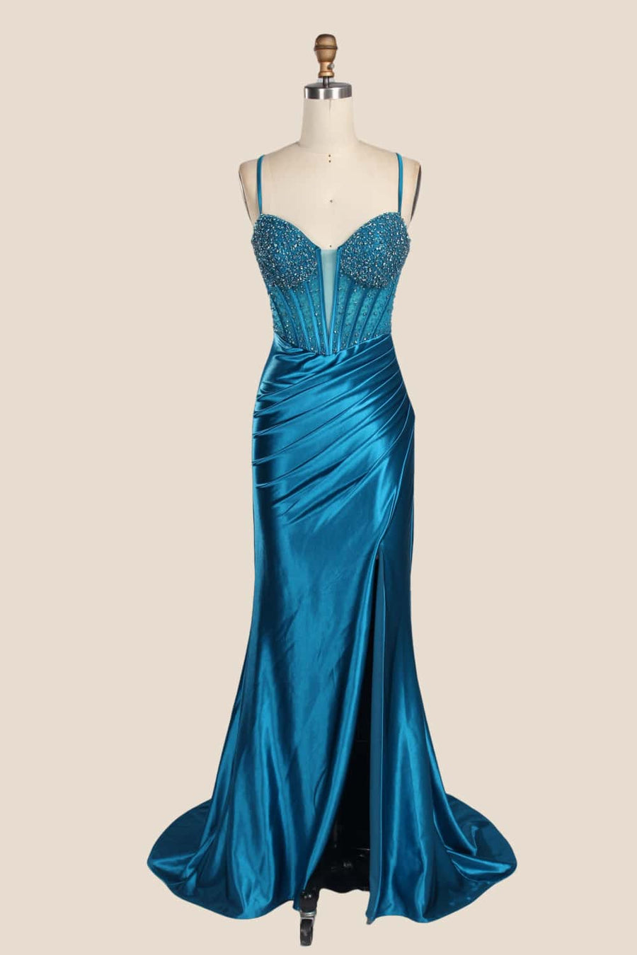 Royal Blue Beaded Ruched Satin Formal Dress