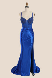 Royal Blue Beaded Ruched Satin Formal Dress