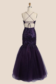 Straps Purple Appliques Mermaid Long Dress