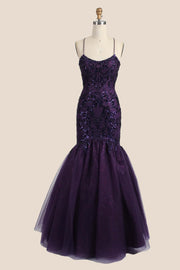 Straps Purple Appliques Mermaid Long Dress