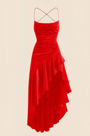 Straps Red Satin Ruffle Slit Party Dress