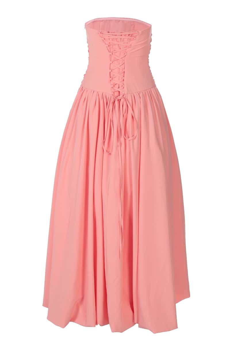 Strapless Peach Ruched Slit Party Dress