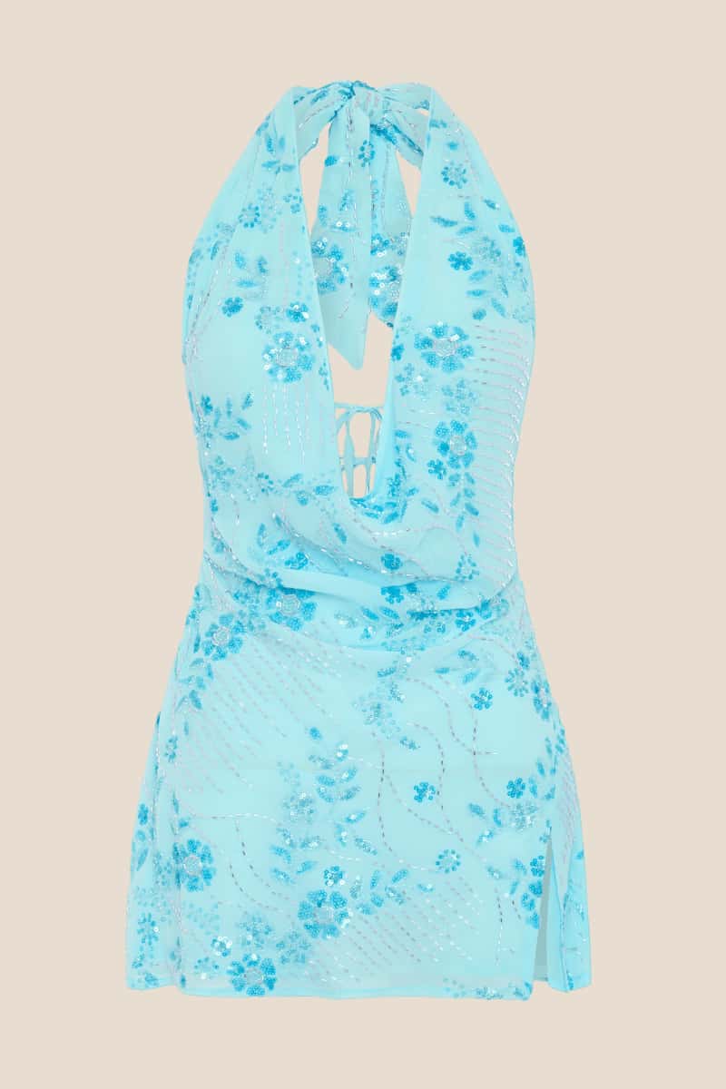 Pink Beaded Cowl Neck Short Dress