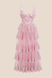 Pink Lace Appliques Ruffle A-line Formal Gown