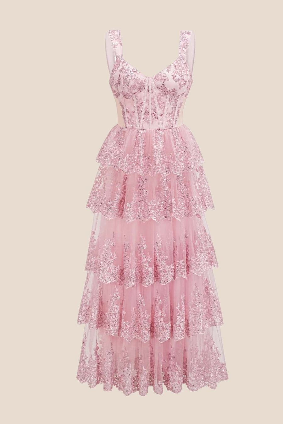 Pink Lace Appliques Ruffle A-line Formal Gown
