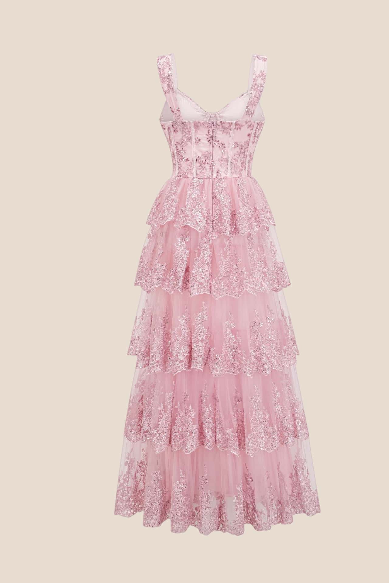 Pink Lace Appliques Ruffle A-line Formal Gown
