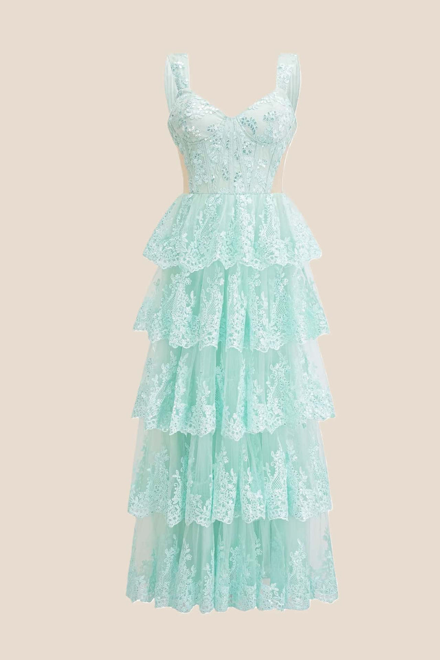 Pink Lace Appliques Ruffle A-line Formal Gown