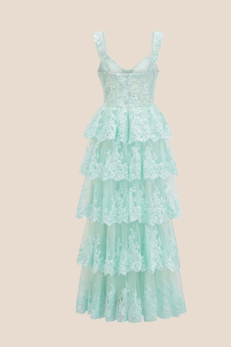 Pink Lace Appliques Ruffle A-line Formal Gown