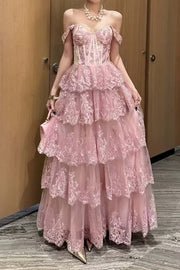 Pink Lace Appliques Ruffle A-line Formal Gown