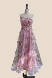 Blue 3D Floral A-line Long Dress