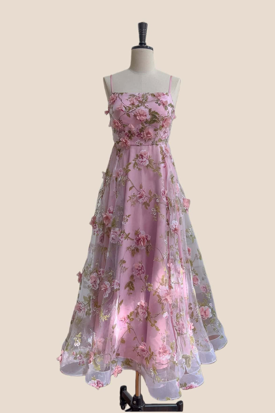 Blue 3D Floral A-line Long Dress