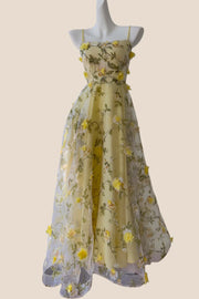 Blue 3D Floral A-line Long Dress