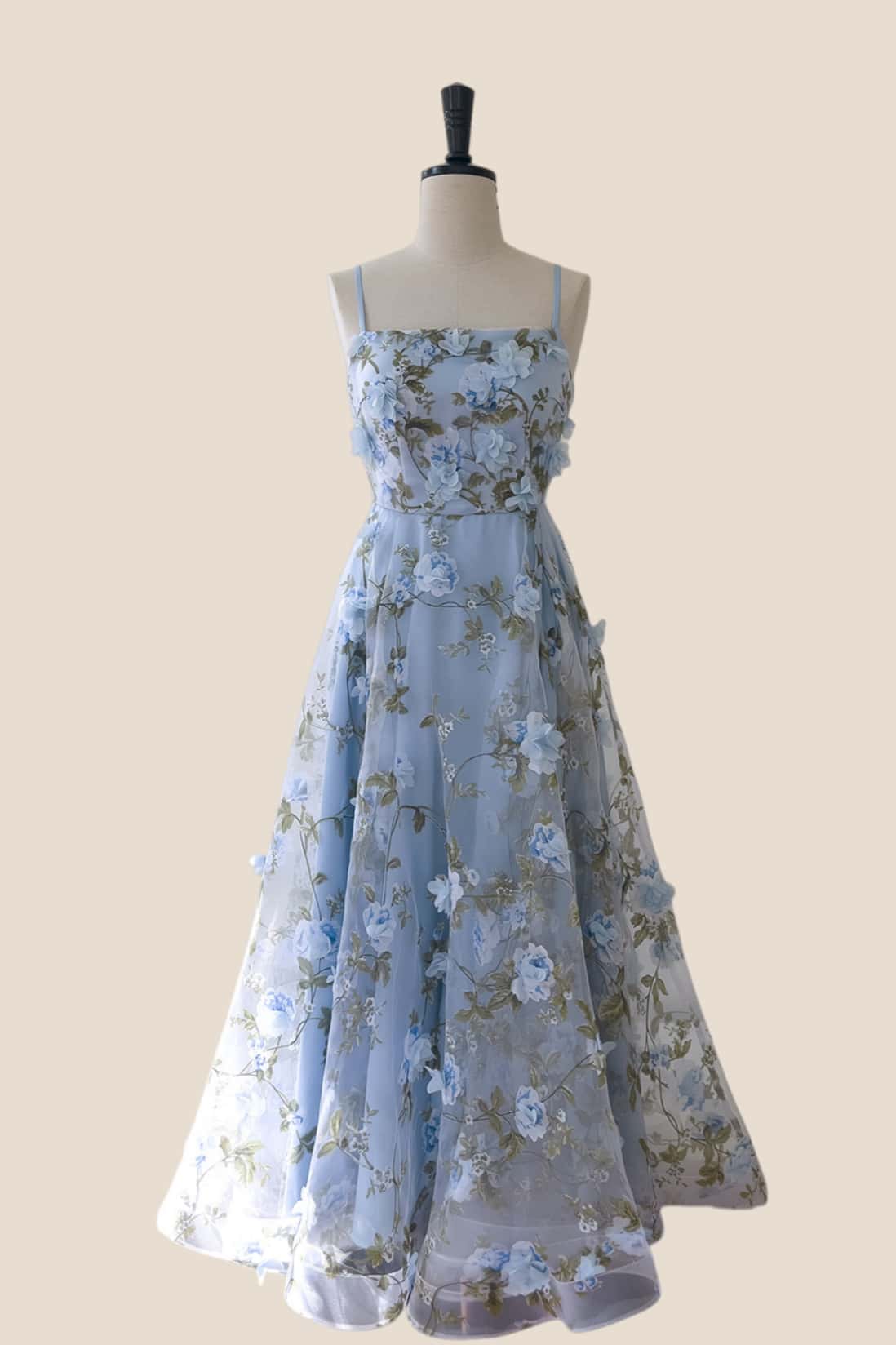 Blue 3D Floral A-line Long Dress