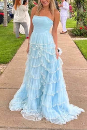 Light Blue Tulle Ruffle A-line Gown