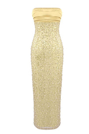 Gold Strapless Pearls Fitted Maxi Dress