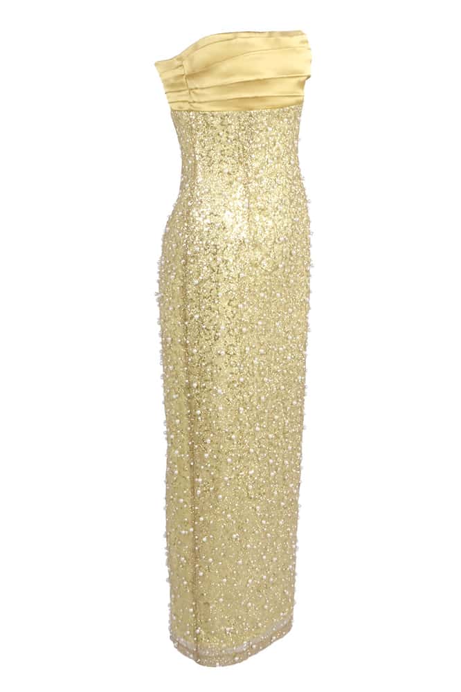 Gold Strapless Pearls Fitted Maxi Dress