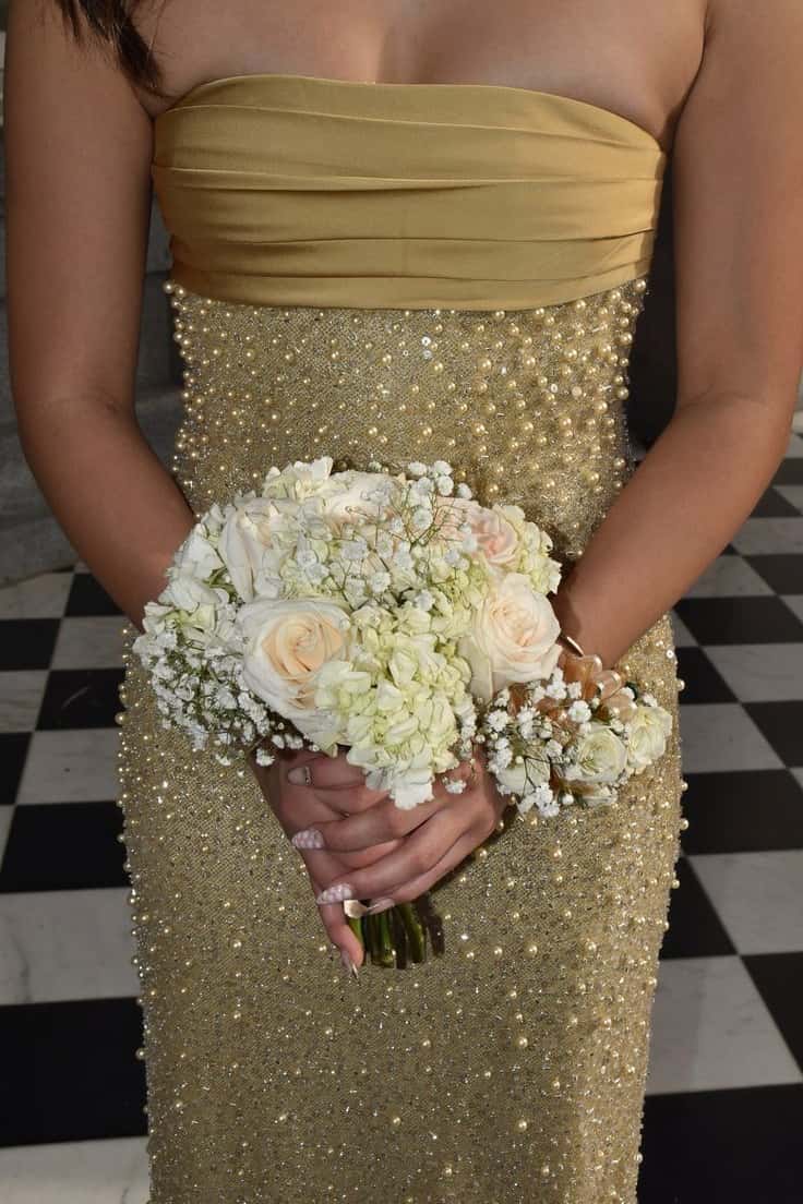 Gold Strapless Pearls Fitted Maxi Dress