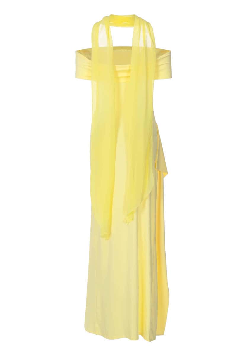 Off the Shoulder Yellow Slit Dress
