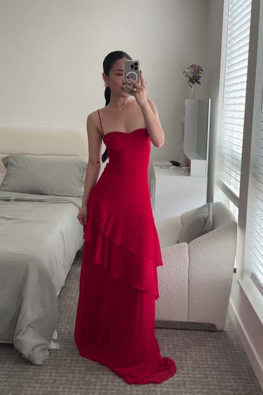 Straps Red Chiffon Tiered Maxi Dress