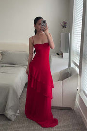 Straps Red Chiffon Tiered Maxi Dress
