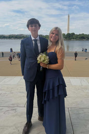 Straps Navy Blue Chiffon Tiered Maxi Dress
