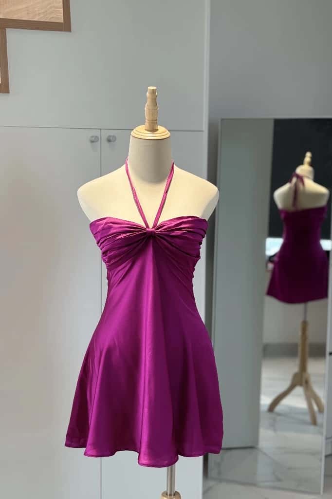 Pink Halter Ruched Short Dress