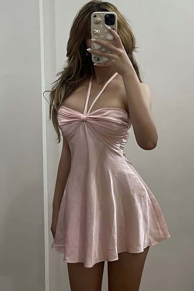 Pink Halter Ruched Short Dress