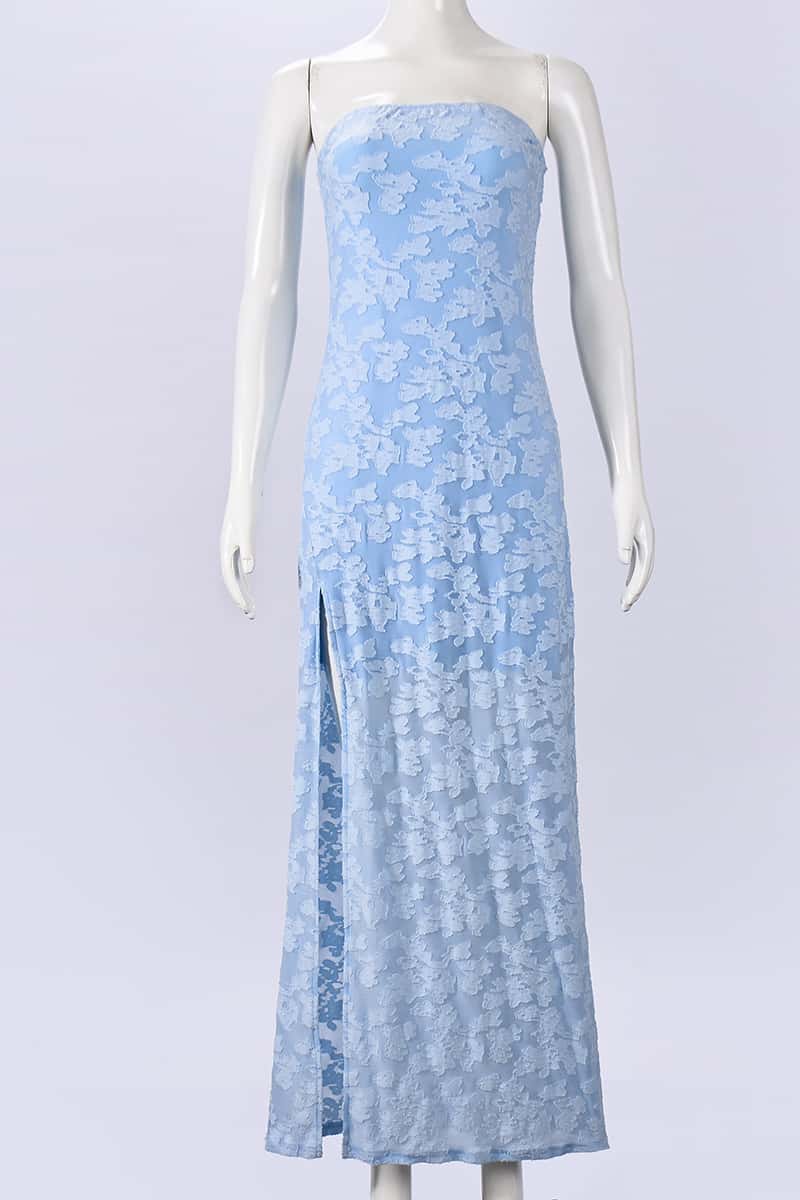 Blue Lace Strapless Long Dress with Slit