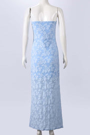Blue Lace Strapless Long Dress with Slit