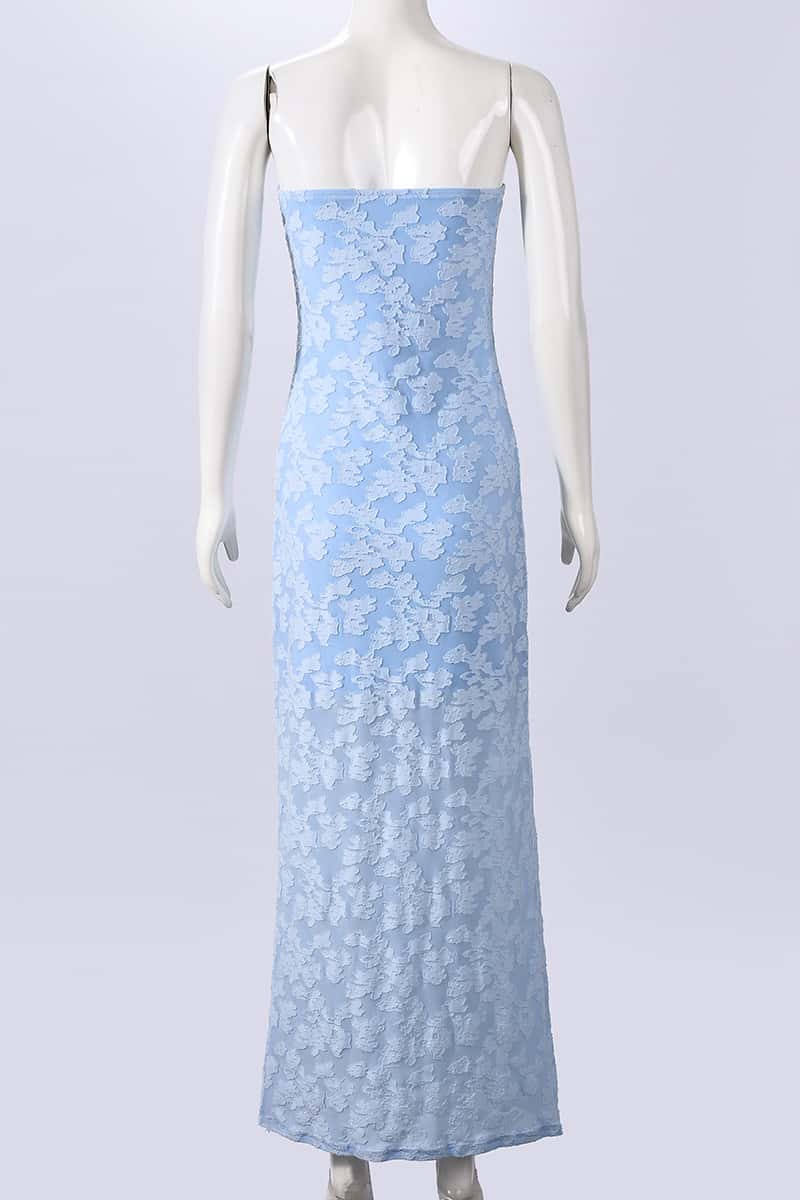 Blue Lace Strapless Long Dress with Slit