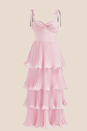 Twisted Pink Pleated A-line Tiered Maxi Dress