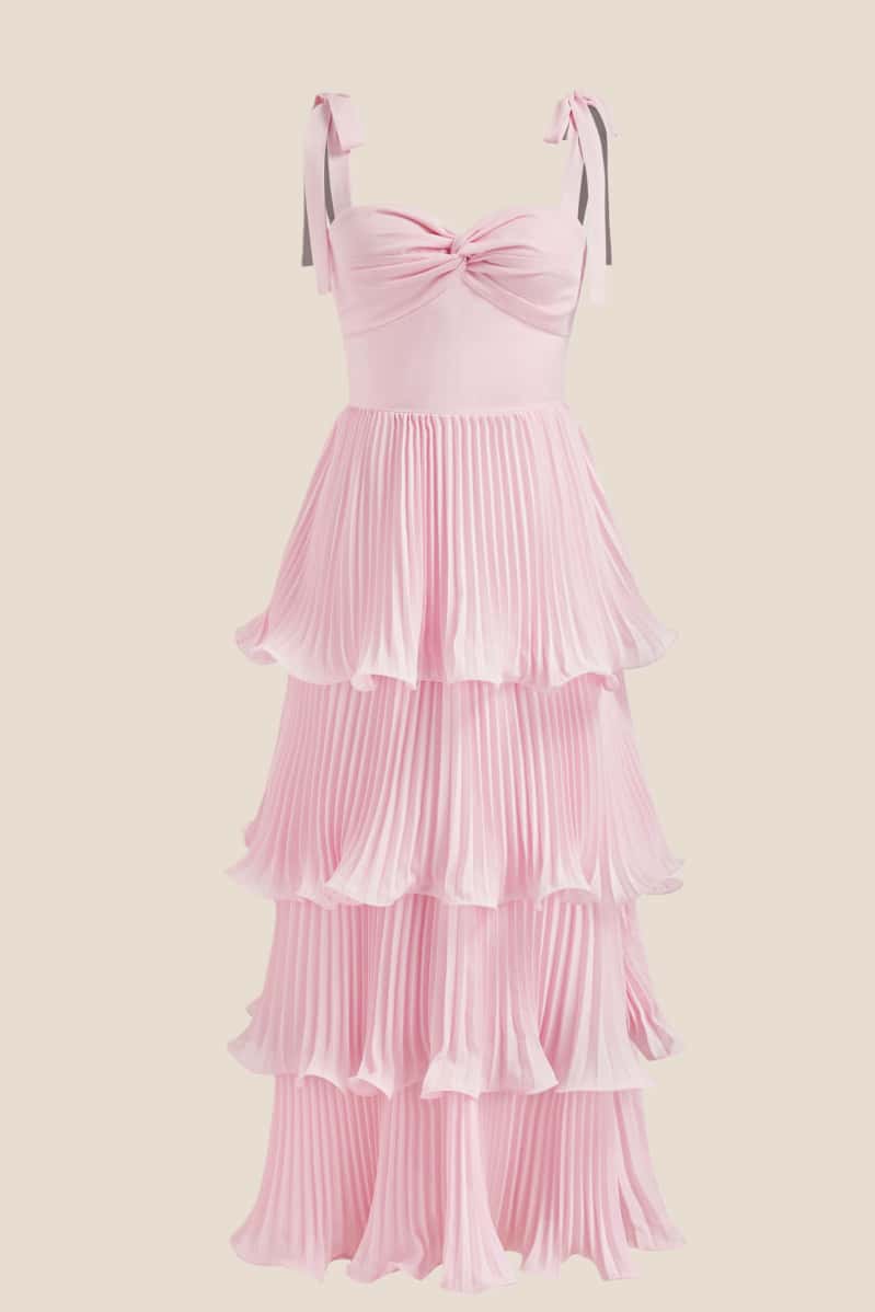 Twisted Pink Pleated A-line Tiered Maxi Dress