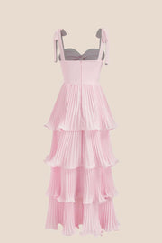 Twisted Pink Pleated A-line Tiered Maxi Dress