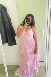 Twisted Pink Pleated A-line Tiered Maxi Dress