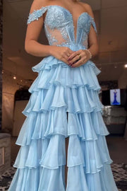 Turquoise Off the Shoulder Ruffle Long Dress