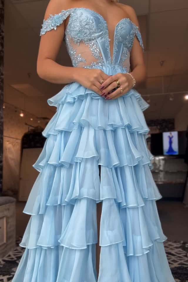 Turquoise Off the Shoulder Ruffle Long Dress