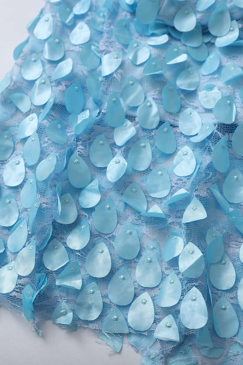 Blue Strapless Teardrop Lace Applique Long Dress