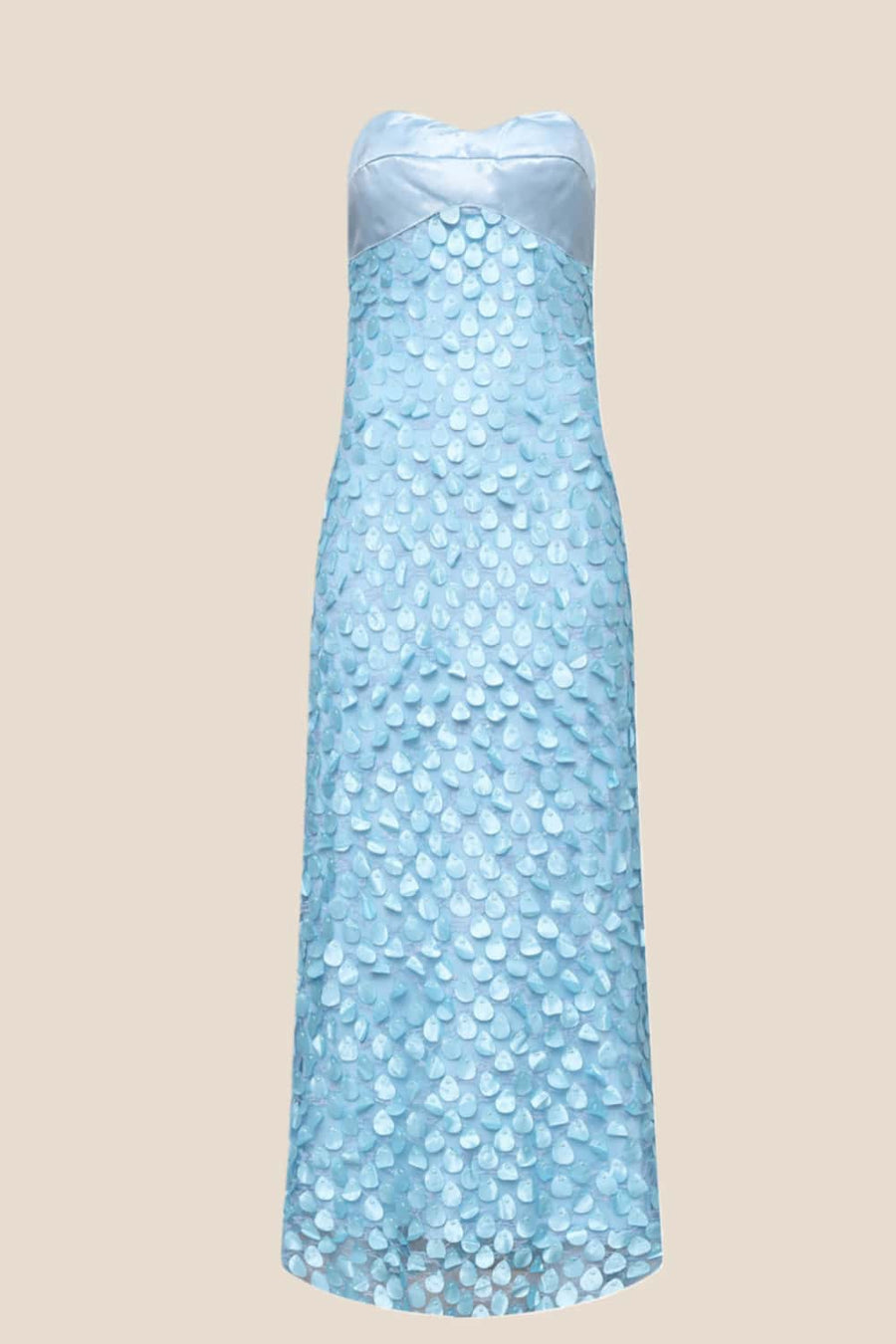 Blue Strapless Teardrop Lace Applique Long Dress