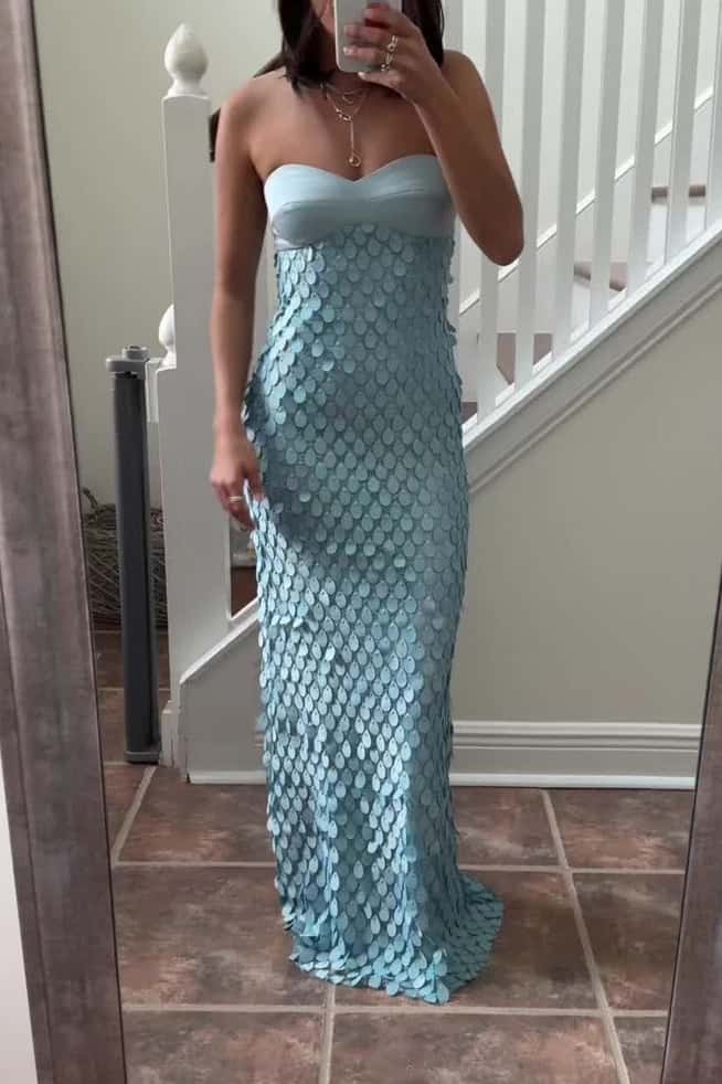 Blue Strapless Teardrop Lace Applique Long Dress