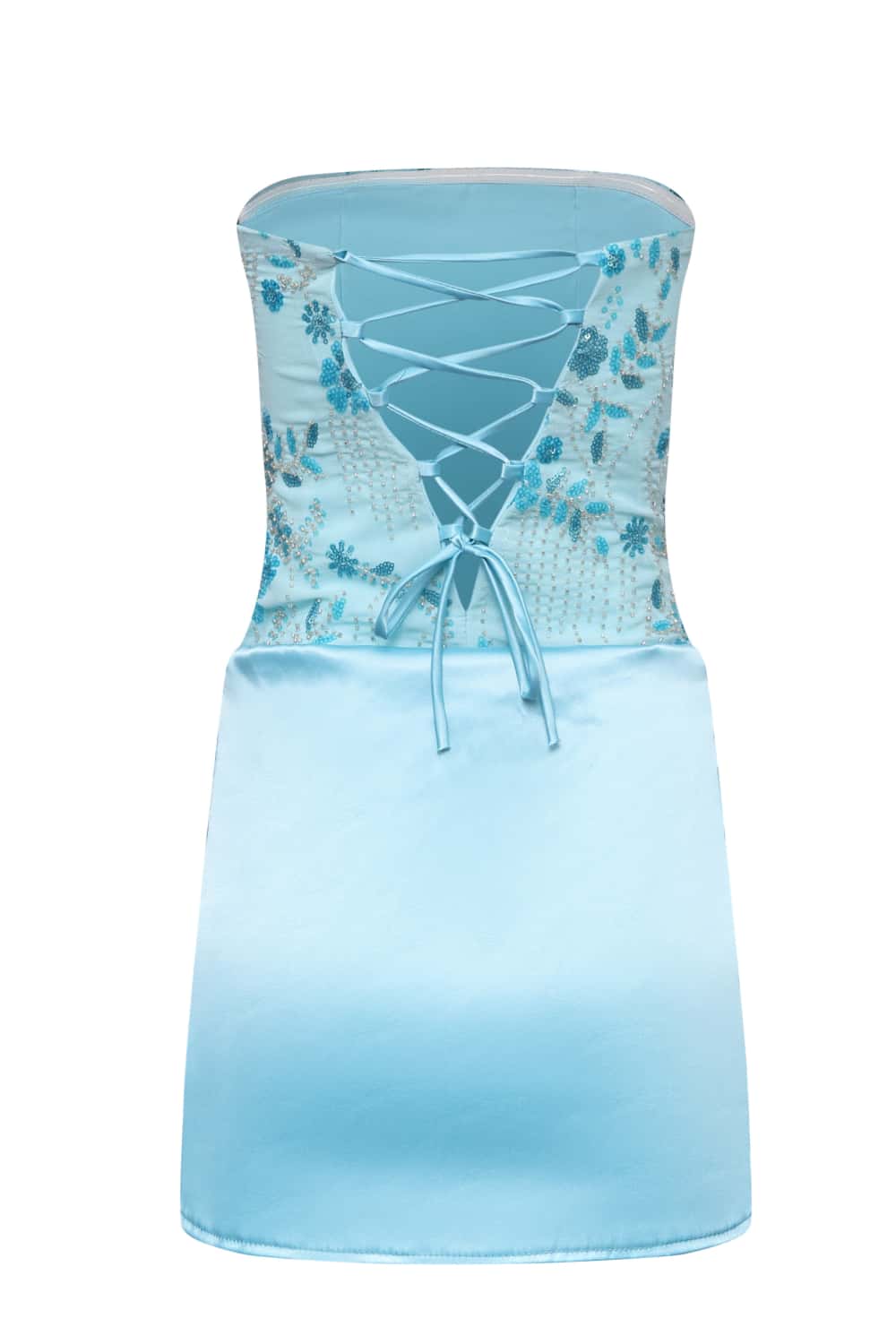 Blue Beaded Ruched Satin Tight Mini Dress