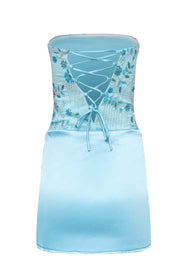 Blue Beaded Ruched Satin Tight Mini Dress